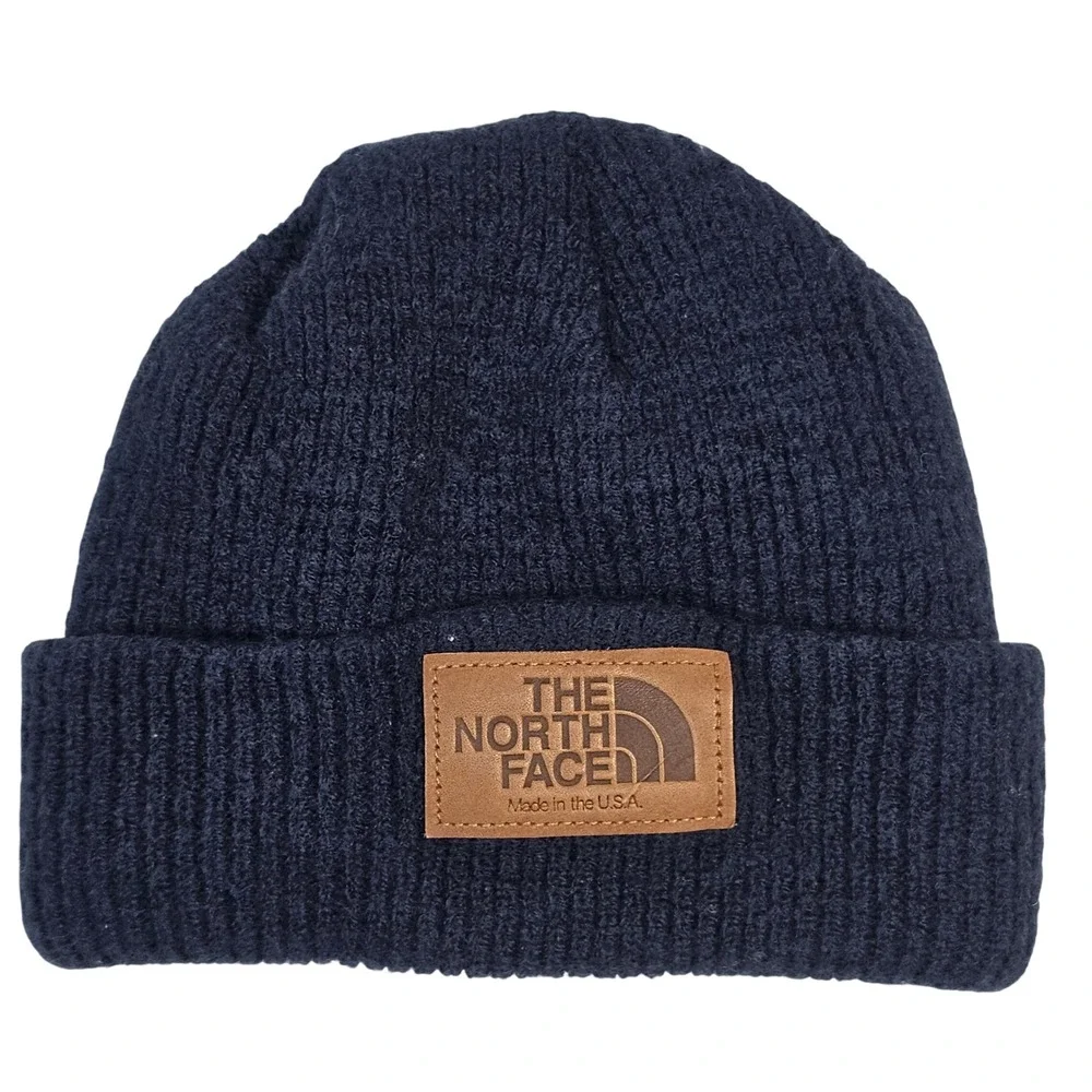 The North Face Beanie Navy Blue Ribbed Knit Leather Logo Patch Made‎ in USA Hat